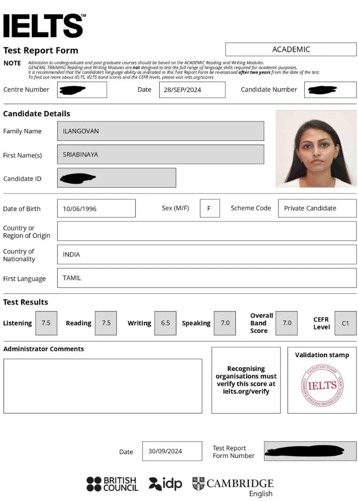 Band 7 IELTS certificate
